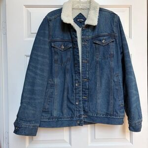 Hot Topic Mens Blue Denim Sherpa Lined Trucker Jacket XL Faux Shearling Retro